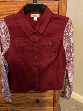 ONE WORLD Burgundy Jean Jacket with Paisley Purple Sleeves